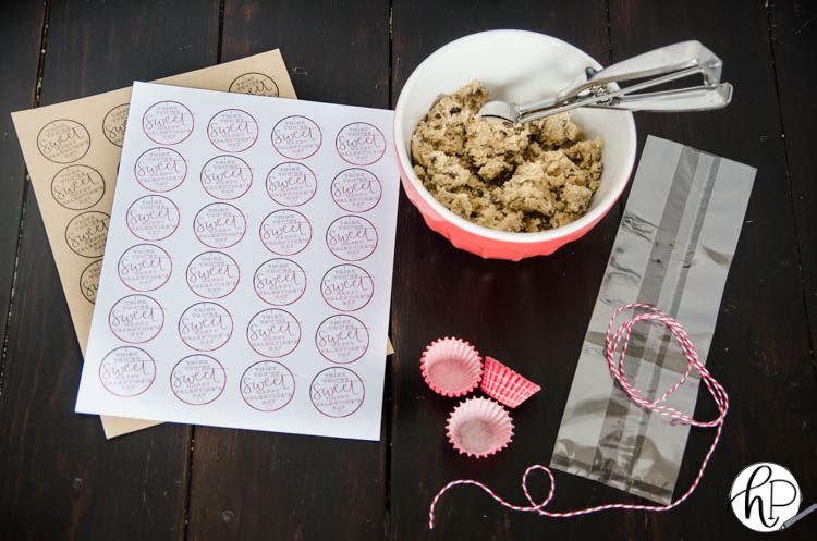 printed valentines treat labels with cookie dough, a scoop and packaging ready to assemble