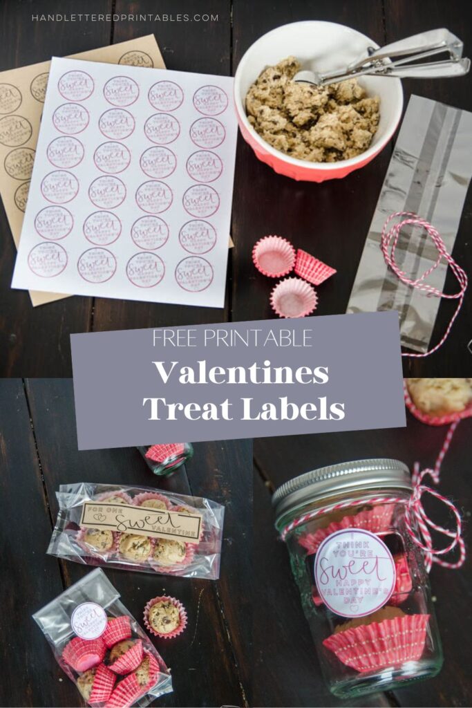 Free printable valentines labels for homemade treats- text over image of labels on treat bags with printed label sheets