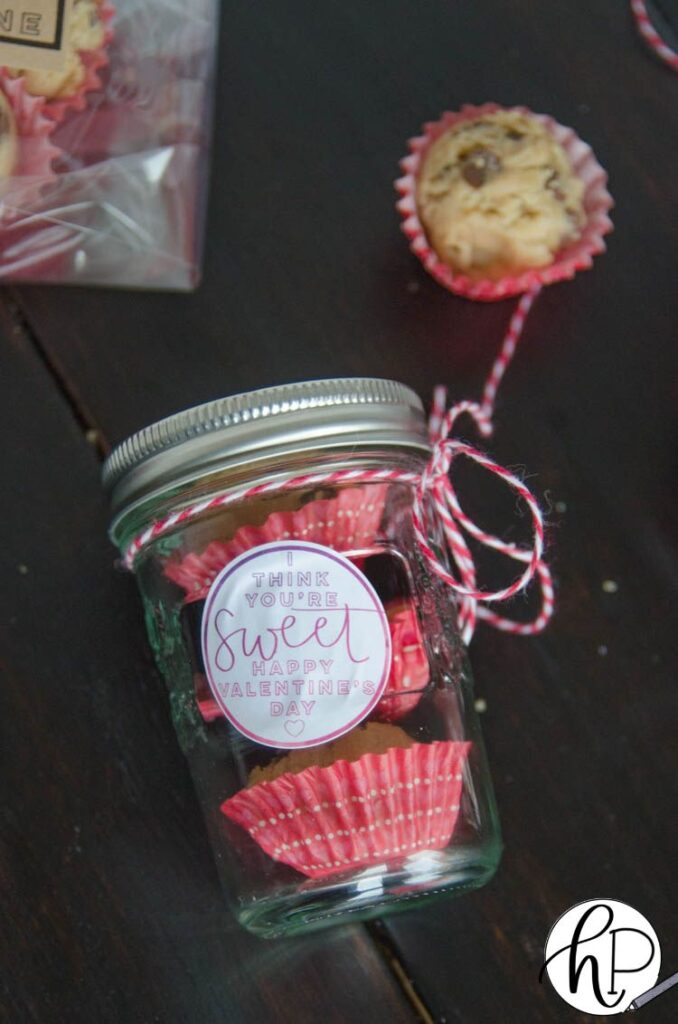 how to gift ready to bake cookie dough- scoops of cookie dough in a jar with a valentines label on front