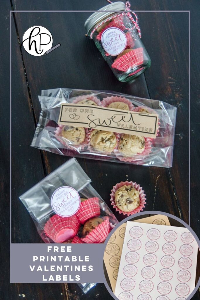Free printable valentines labels for homemade treats- text over image of labels on treat bags with printed label sheets