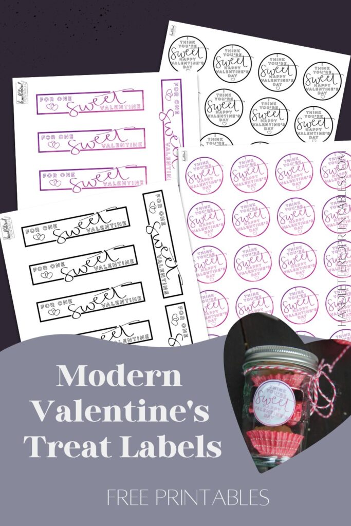printed label sheets with text overlay modern valentines treat labels- free printables. image overlay with label on a jar of treats