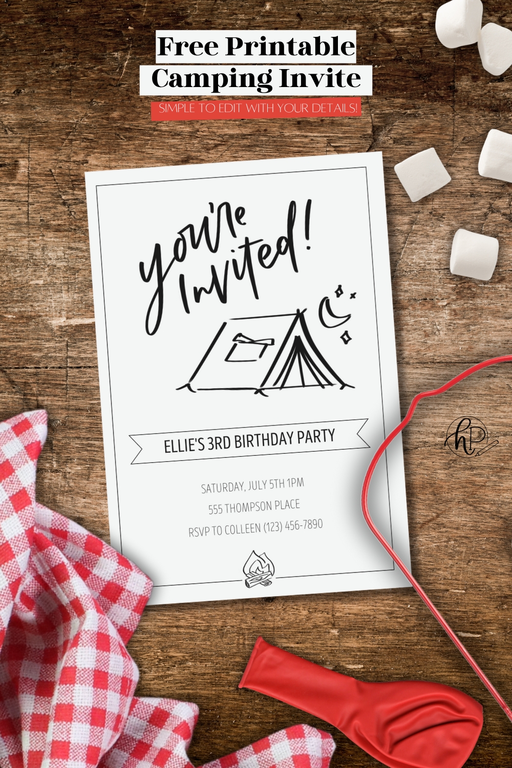 printed camping party invitations that include a hand lettered title "you're invited", along with a hand drawn tent, and camp fire.