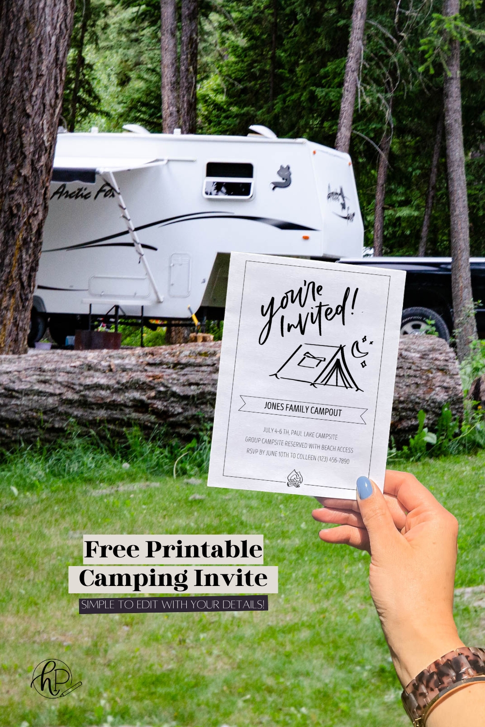 printed camping party invites that include a hand lettered title "you're invited", along with a hand drawn tent, and camp fire.