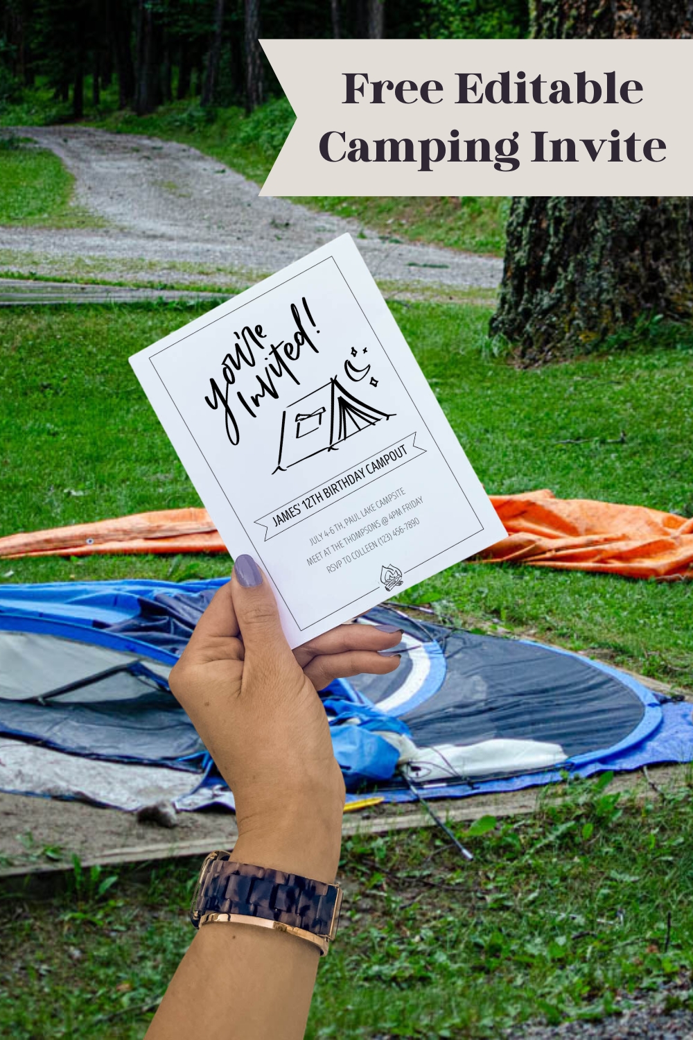 printed camping party invitations that include a hand lettered title "you're invited", along with a hand drawn tent, and camp fire.