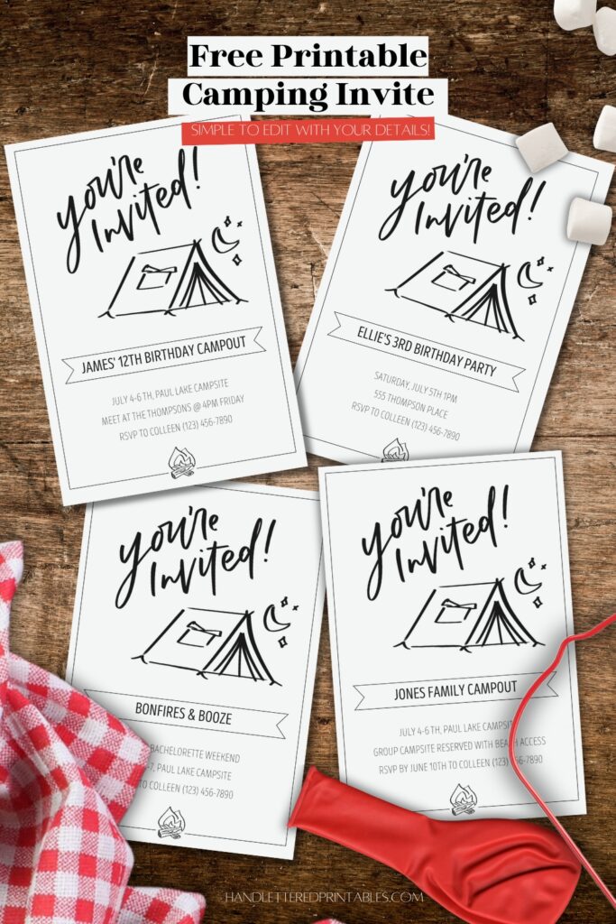 Free Printable Hand Lettered Invitation For a Camping Party