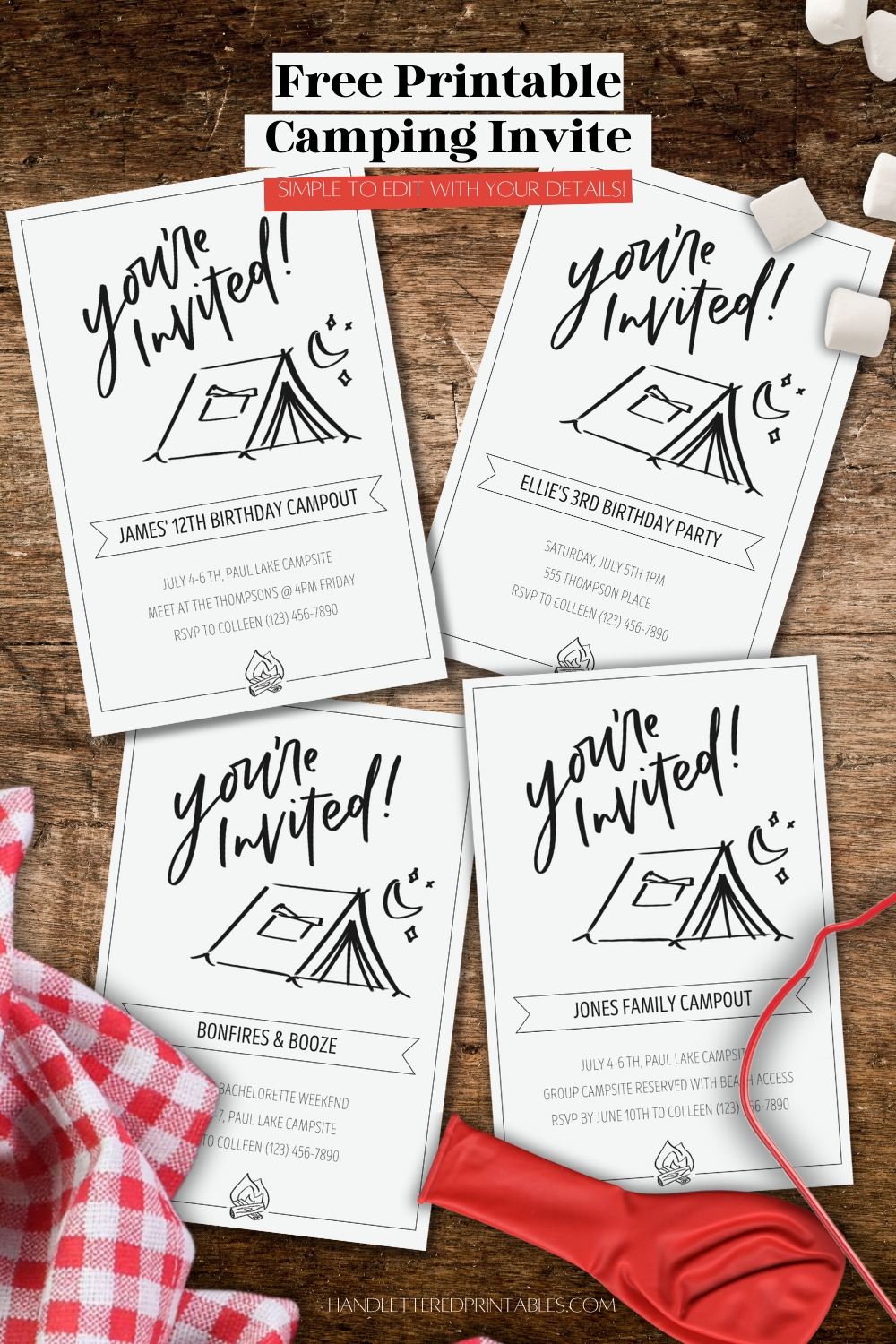 printed camping party invitations that include a hand lettered title "you're invited", along with a hand drawn tent, and camp fire.