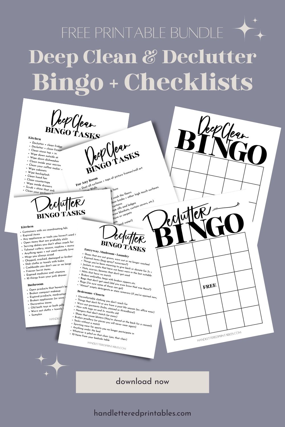Free Printable Bundle for Deep Clean and Declutter Bingo with Checklists (mockup of printed pages with text over)
