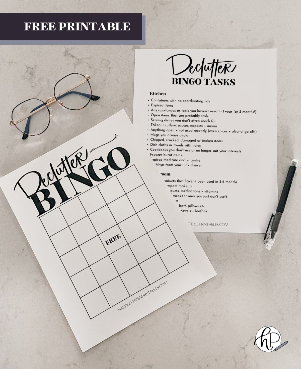 Free Printable Declutter Bingo + Checklist on counter with glasses and pen, text over reads free printable on purple banner