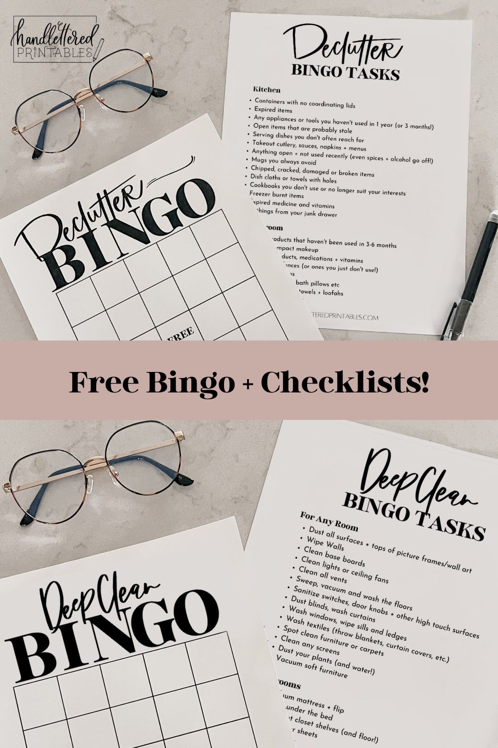 FREE BINGO + CHECKLIST - text over images of printed declutter bingo with declutter tasks and printed deep clean bingo with deep clean tasks
