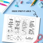 Free Printable bookmarks on one printed sheet on desk with scissors and other office supplies. Text over reads: free printable