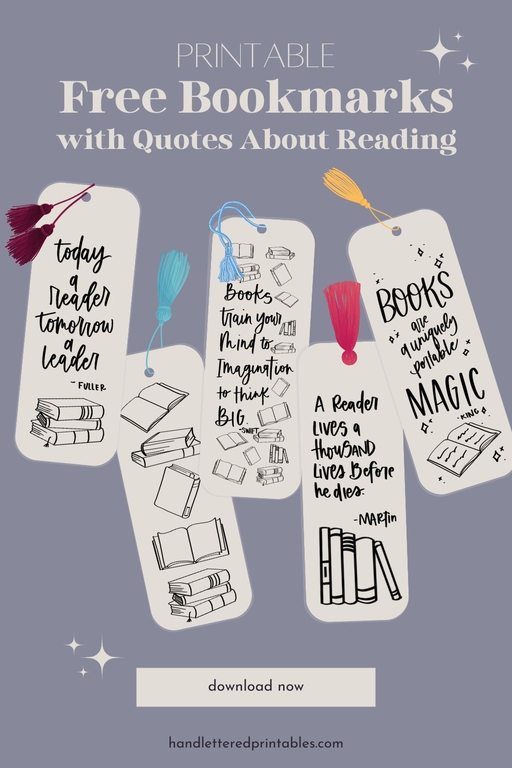 Free printable bookmarks with quotes about reading- mockup shows printed bookmarks with tassels and text over