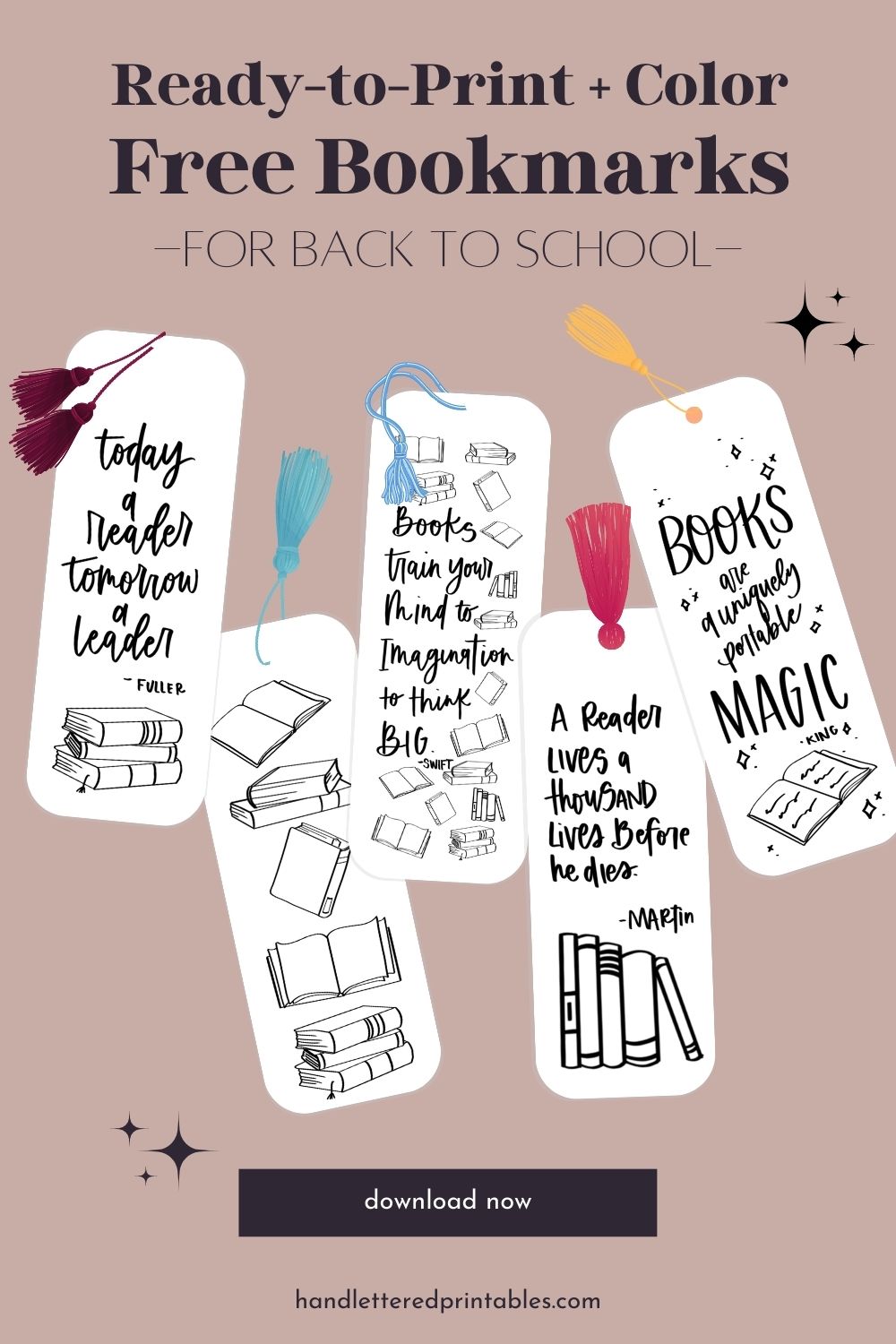 Free printable bookmarks with quotes about reading- mockup shows printed bookmarks with tassels and text over