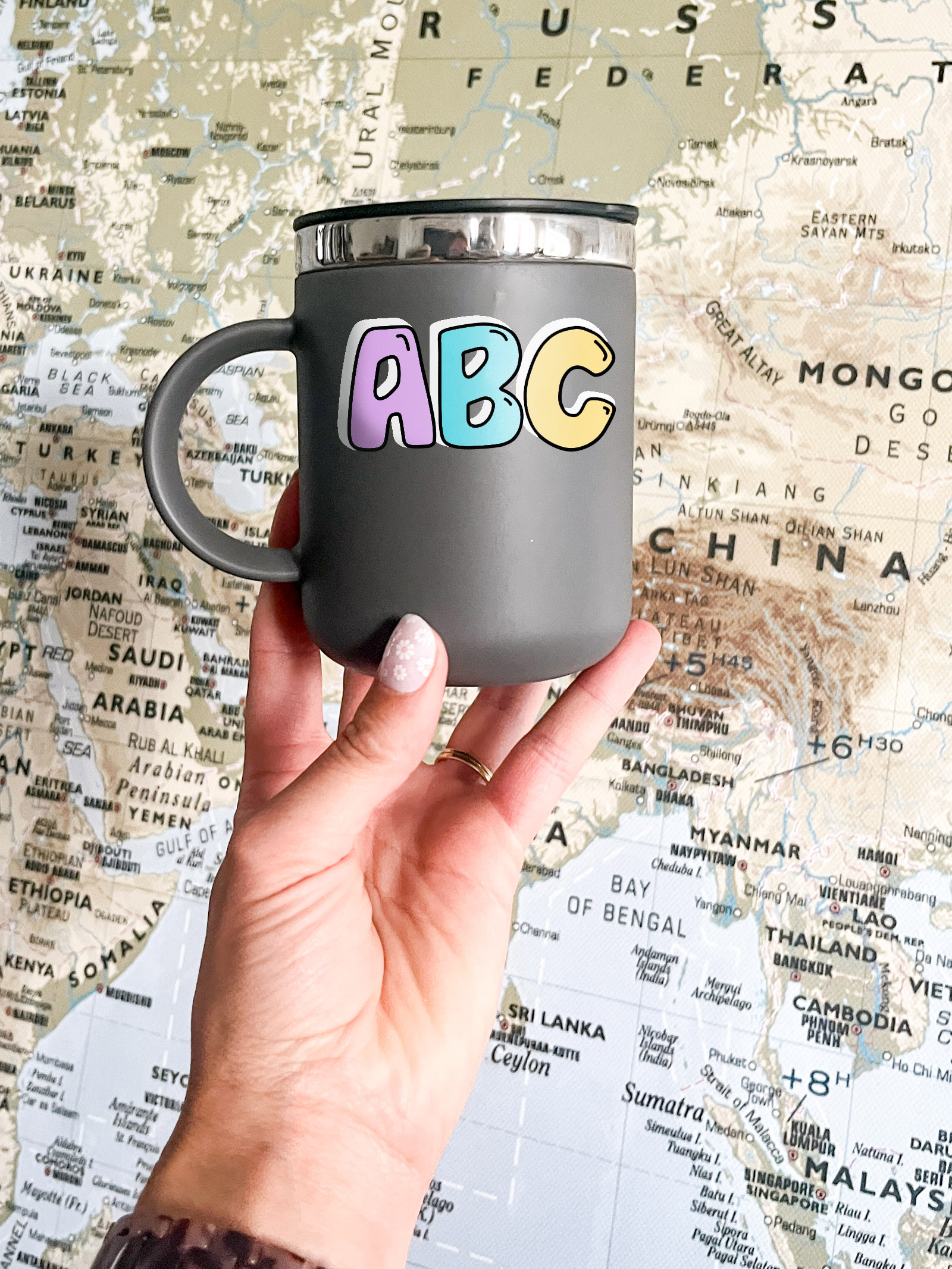 Bubble letters ABC SVG used on travel mug in bright colors