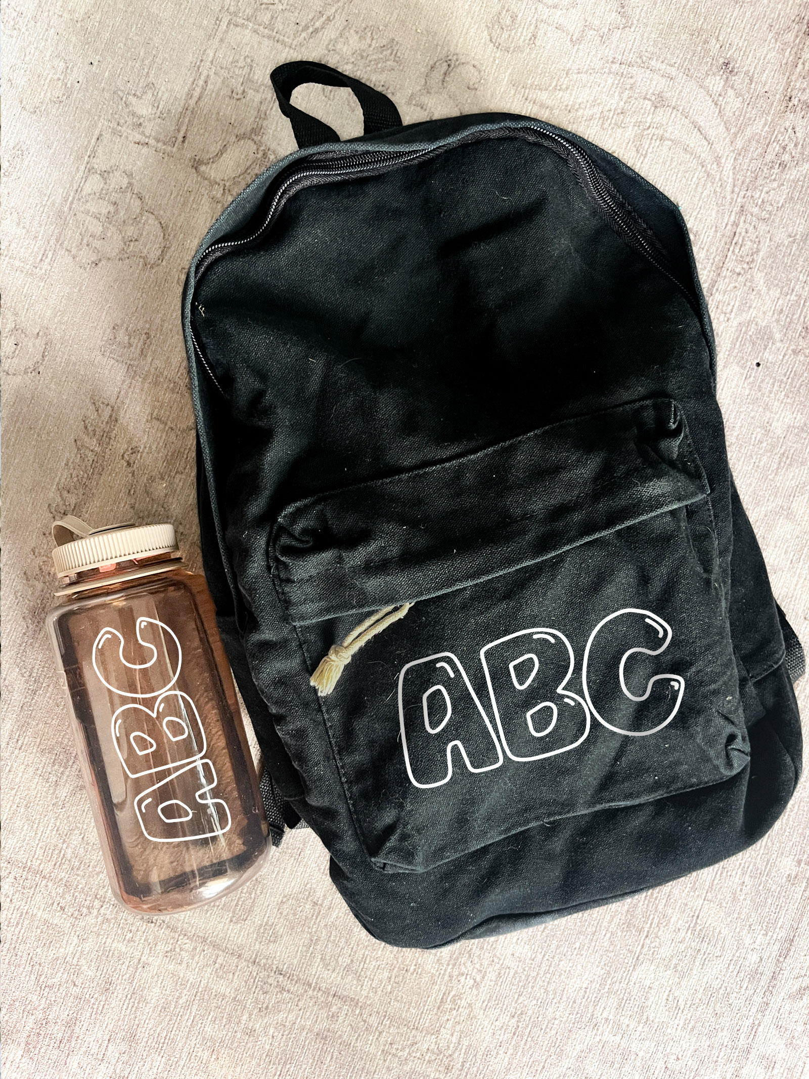ABC decals on backpack and waterbottle- free SVG used