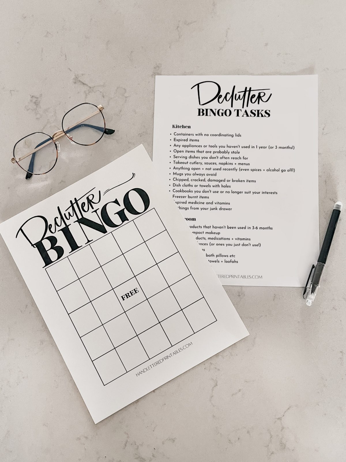 Decluttering checklist and bingo card on counter