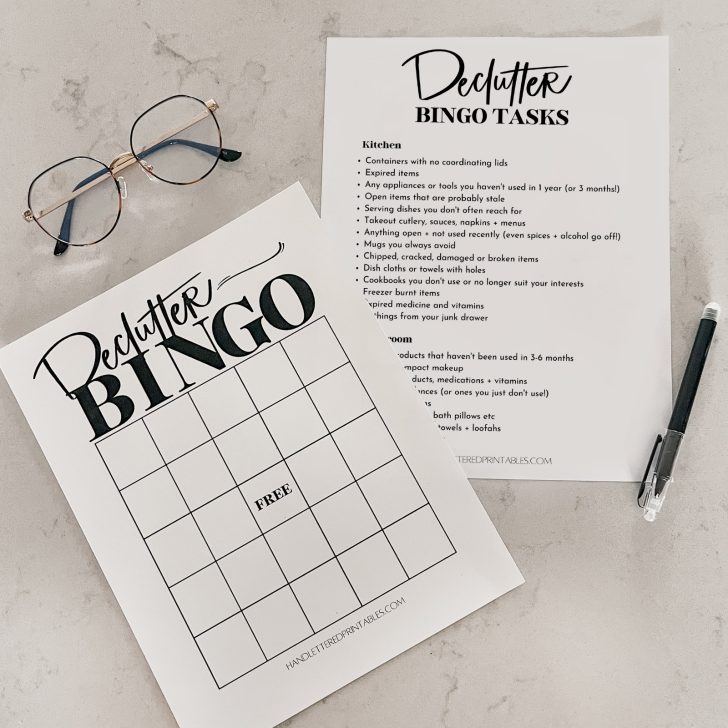 Decluttering checklist and bingo card on counter