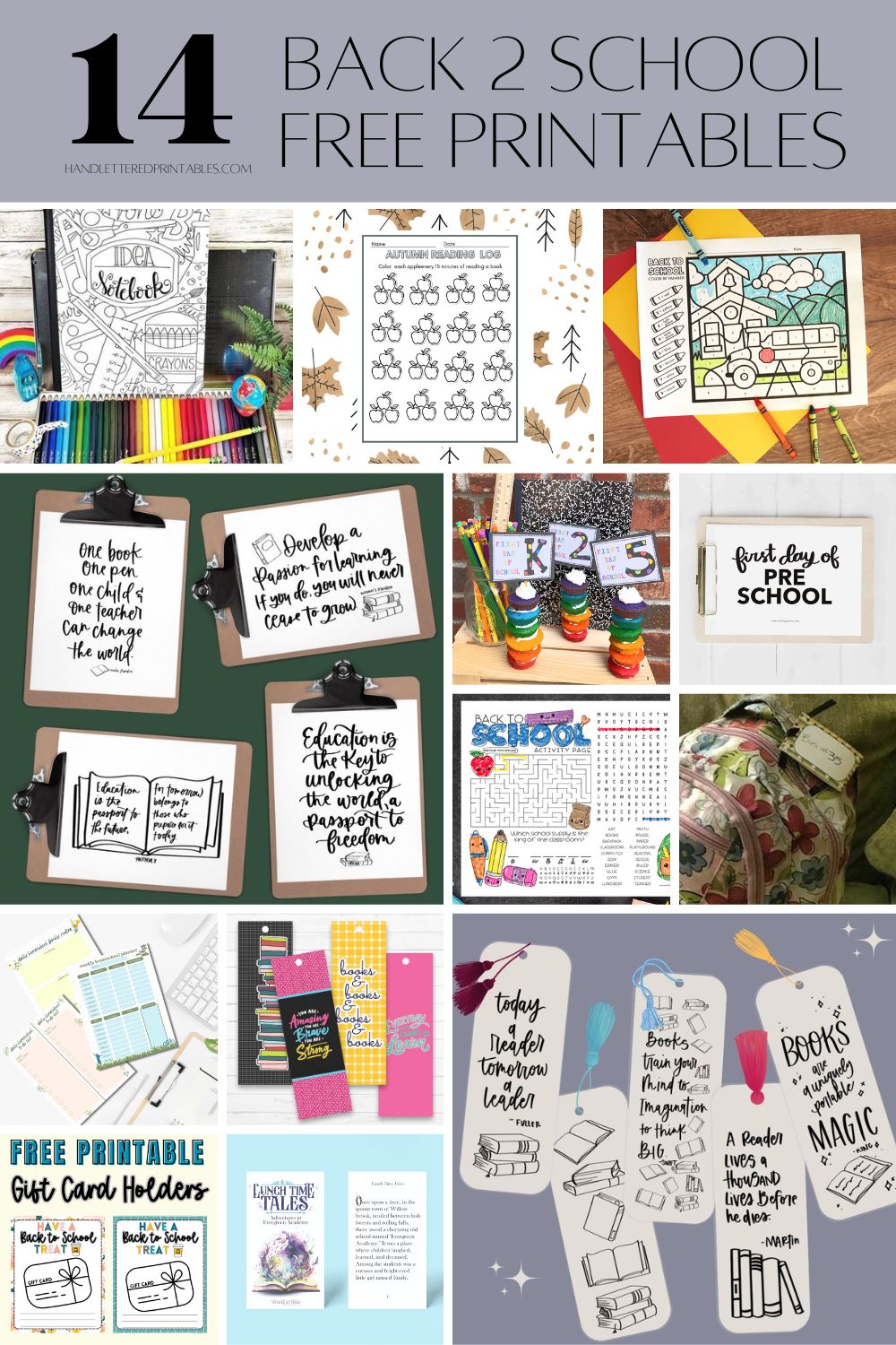 14 Free printables for back to school (collage of all printables printed out)