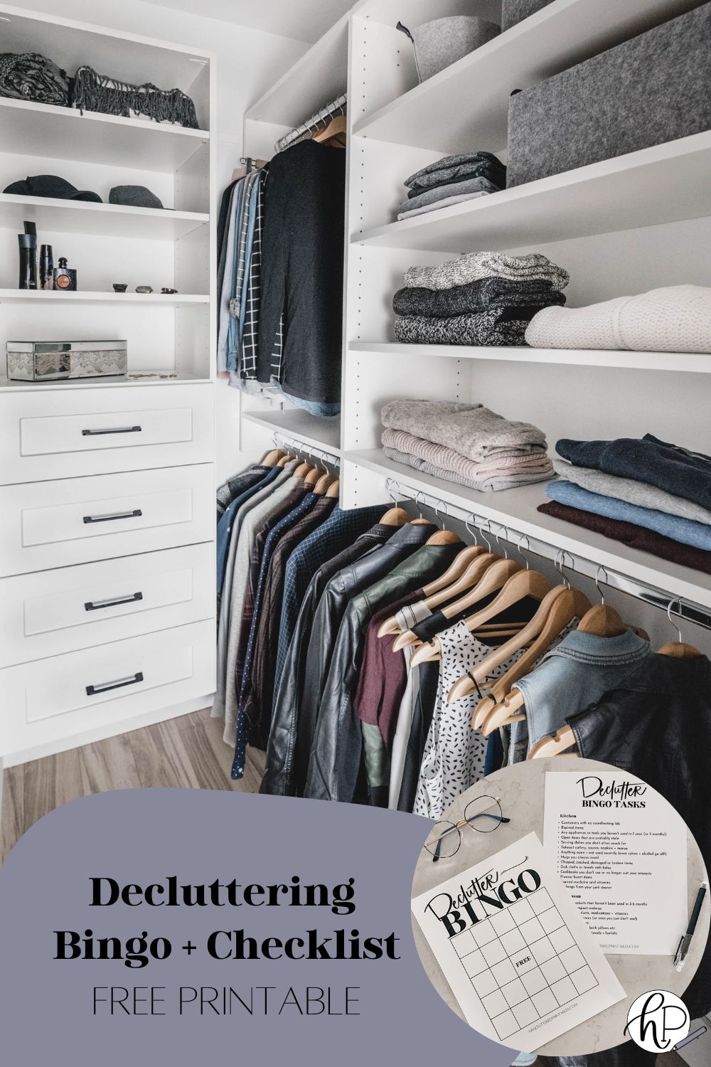 Tidy closet with image overlay of printed decluttering bingo, text reads decluttering bingo + checklist free printable