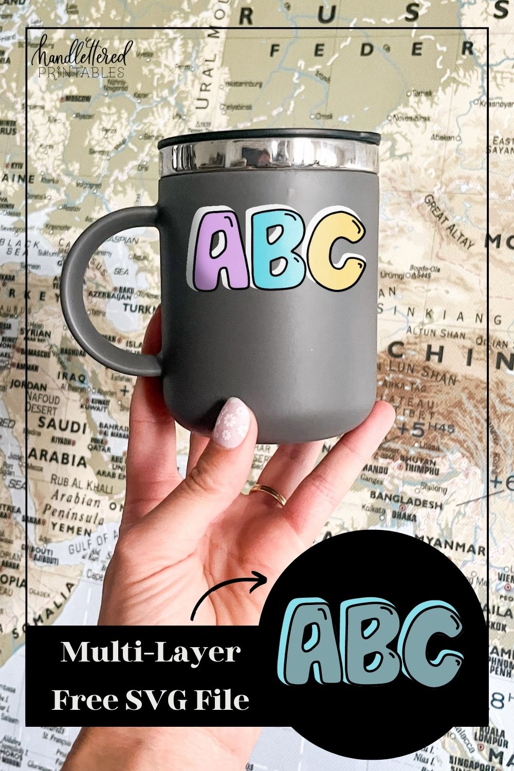 ABC Bubble Letter Layered SVG Design- image shows design on a travel mug