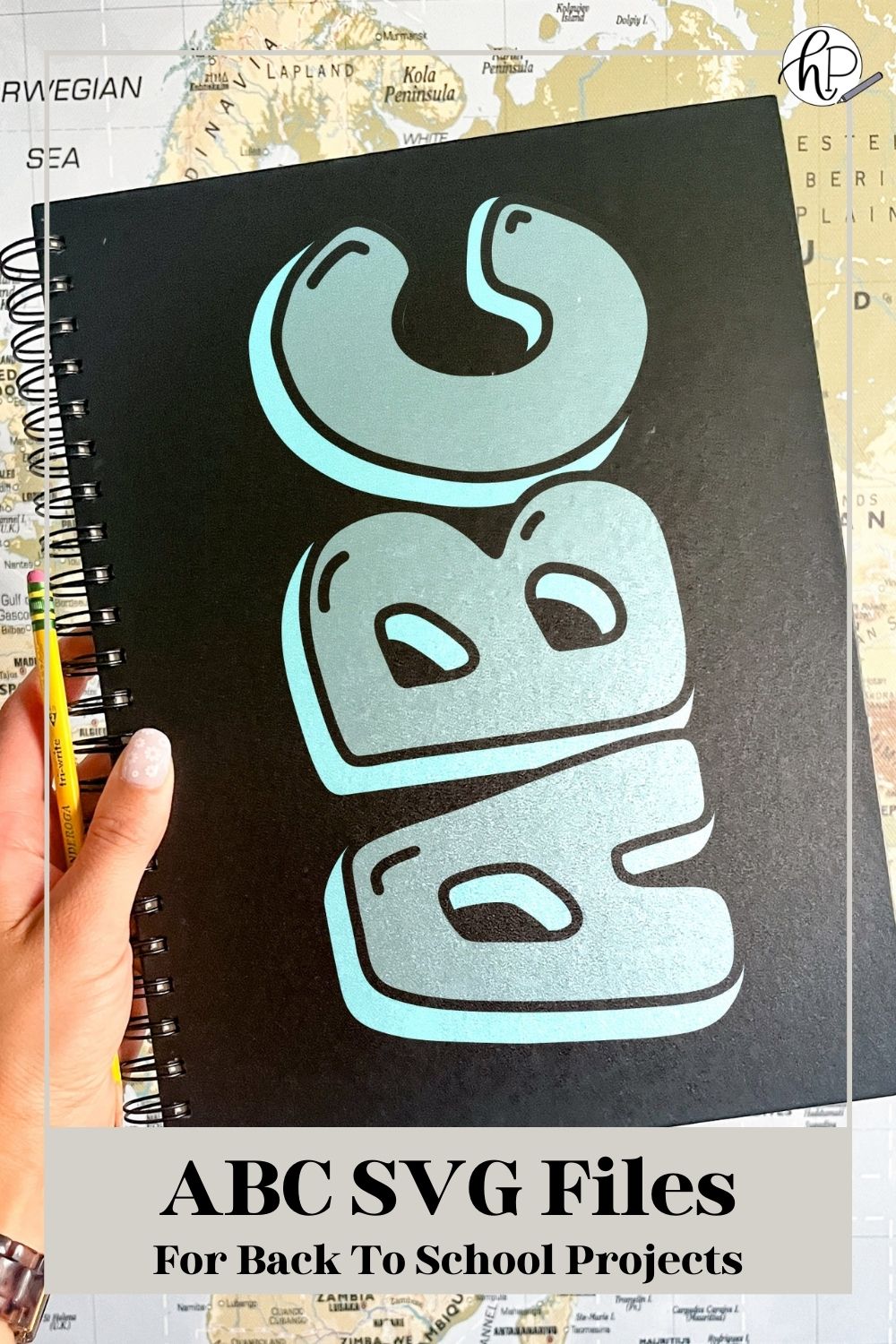 ABC bubble letters on black sketch book. text over reads ABC SVG Files For Back to School Projects