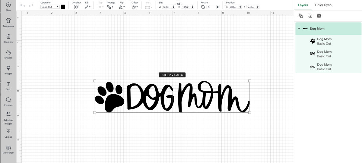Free DOG mom SVG file, image of SVG inserted on new project in cricut design space