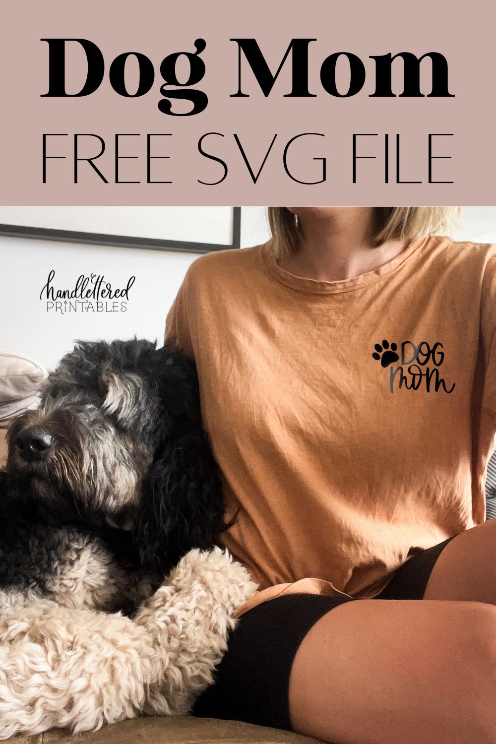 Dog Mom free SVG file shown on shirt, girl beside dog