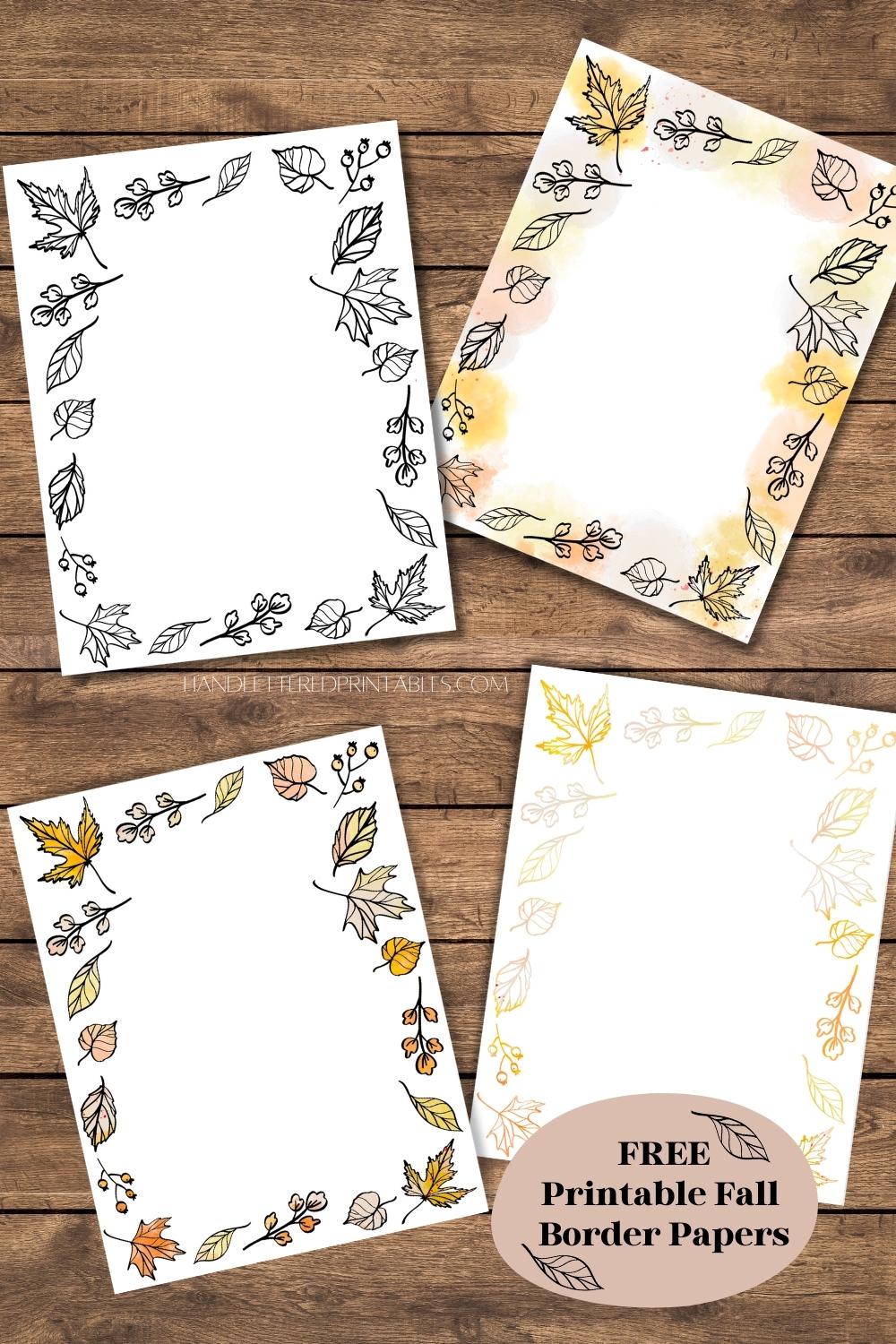 Free printable fall borders (four versions with autumn leaves and watercolor details)