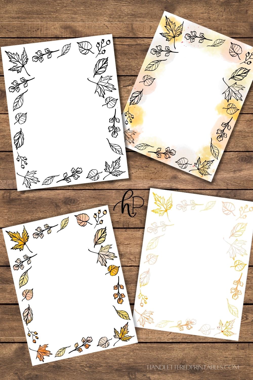 Free printable fall borders (four versions with autumn leaves and watercolor details)