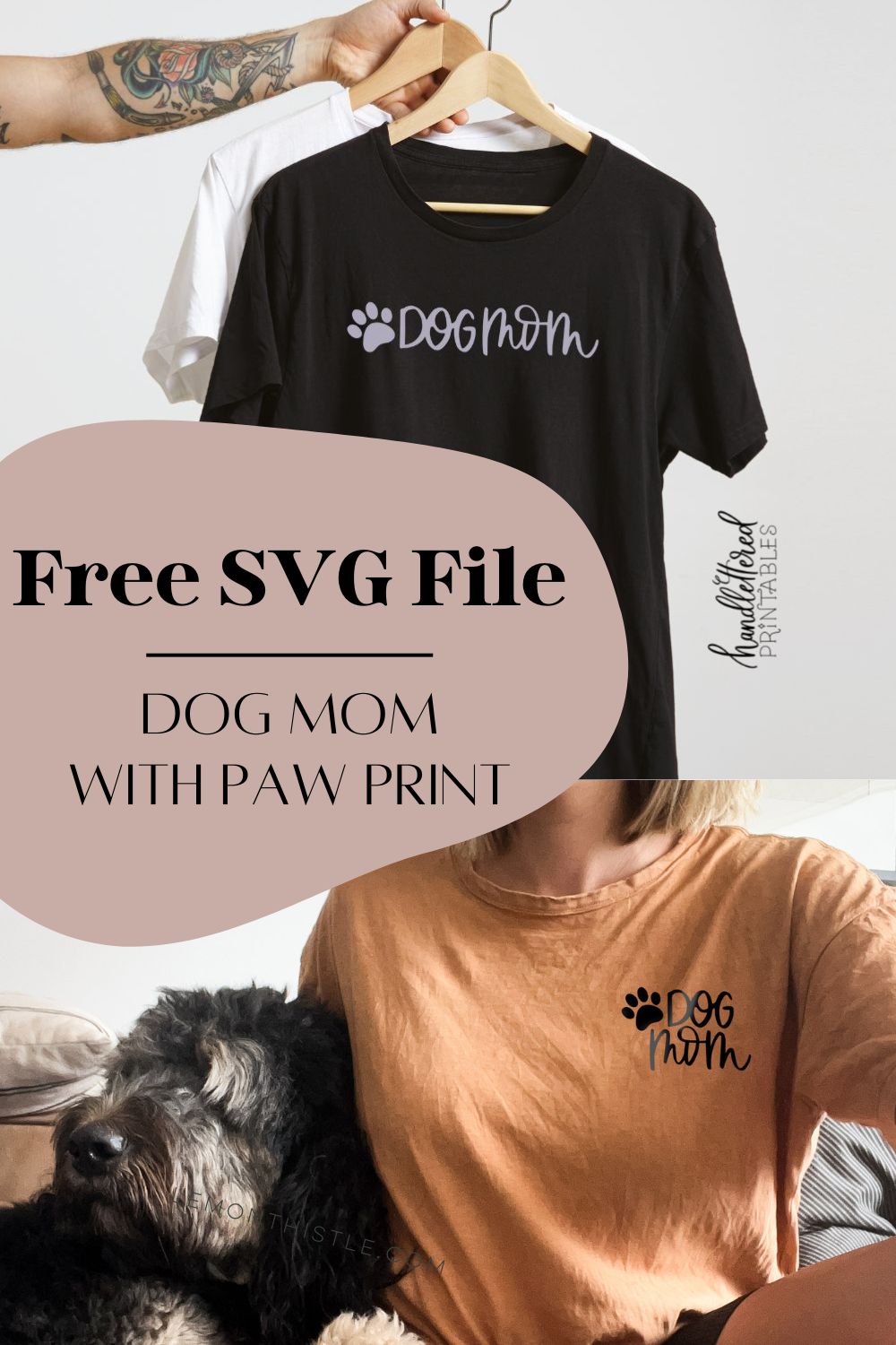 dog mom tee free svg file for download. text over reads: Free SVG File: Dog mom with paw print, images of two different styles of shirts made with the design and iron on vinyl