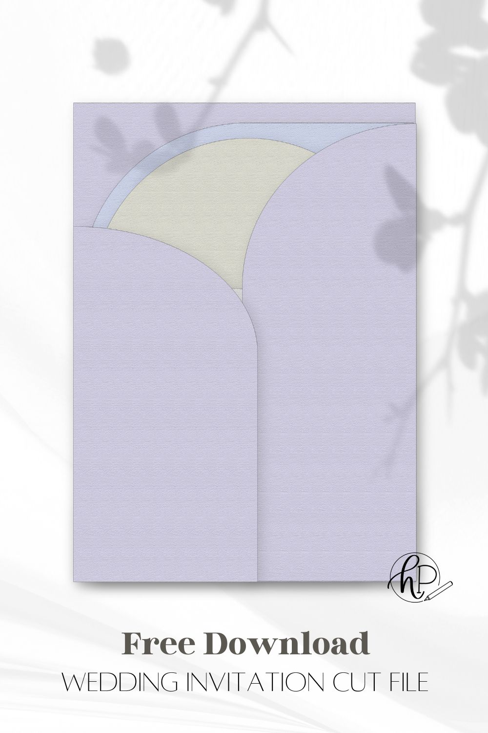 Free Download: wedding invitation cut file. image of trifold arches pocket invitation in purple, folded without text.