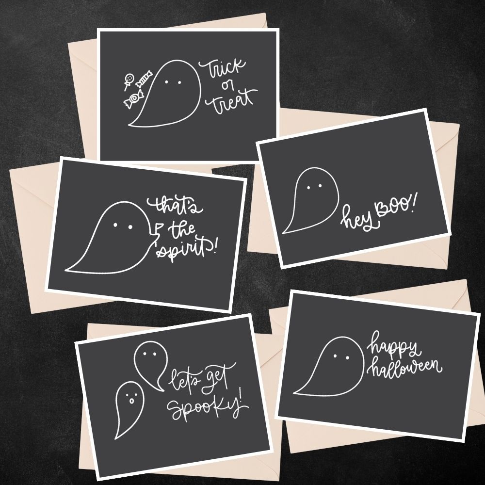 Spooky cute halloween ghosts printable cards- 5 shown (12 designs available) black cards with white ghosts and hand lettering