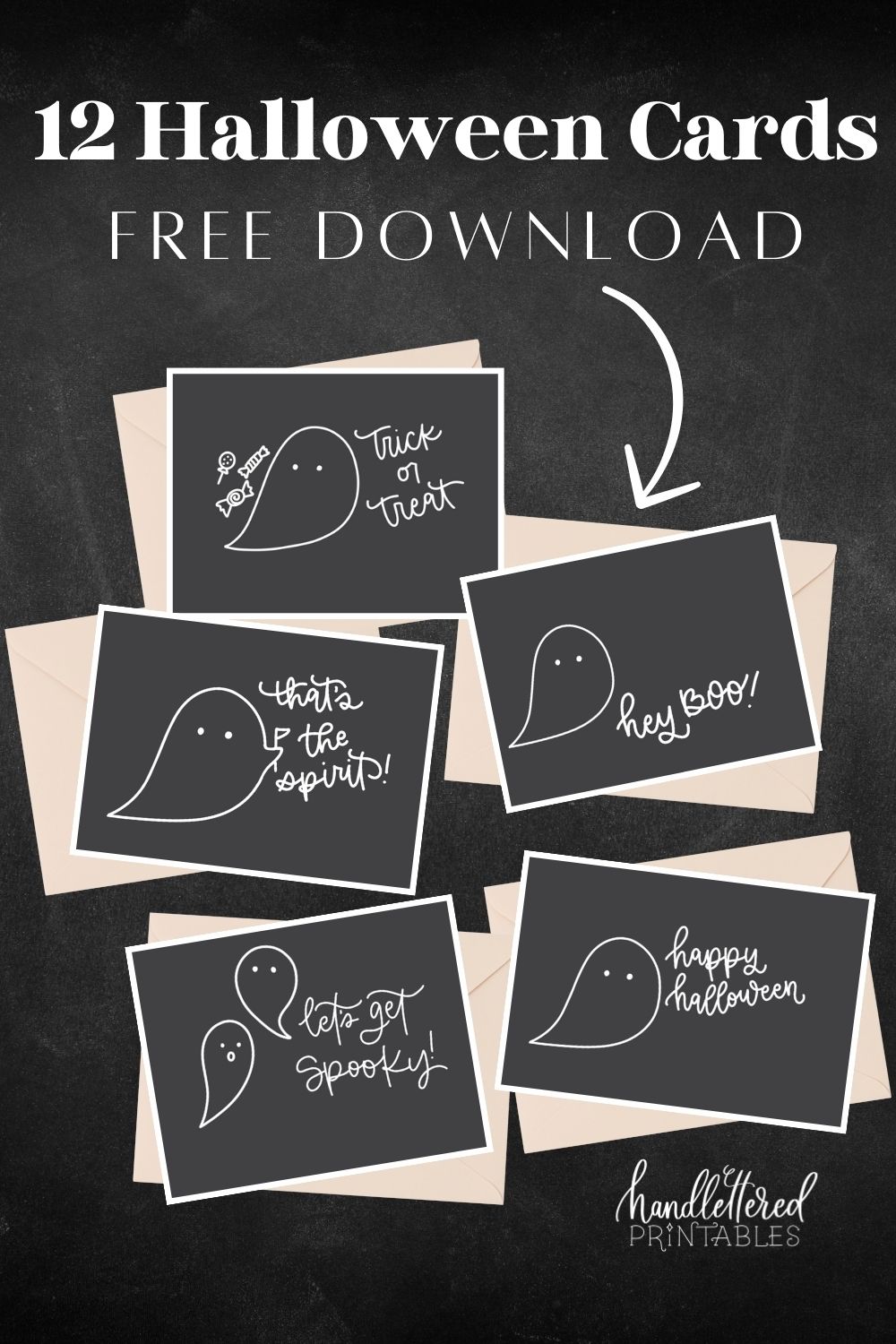 Free printable cards for halloween- pin shows 5 of the designs (from the set of 12). cards have a charcoal background and white line art ghosts with hand lettered greetings.