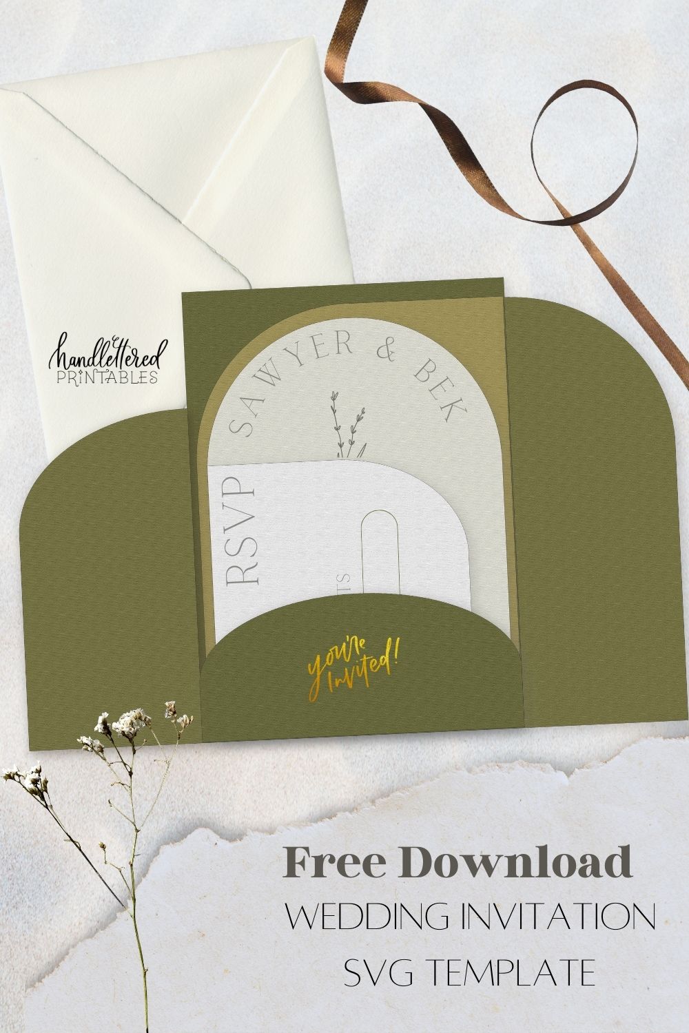 Free Wedding Invitation Cut file- green and grey trifold pocket invitations with arch inserts