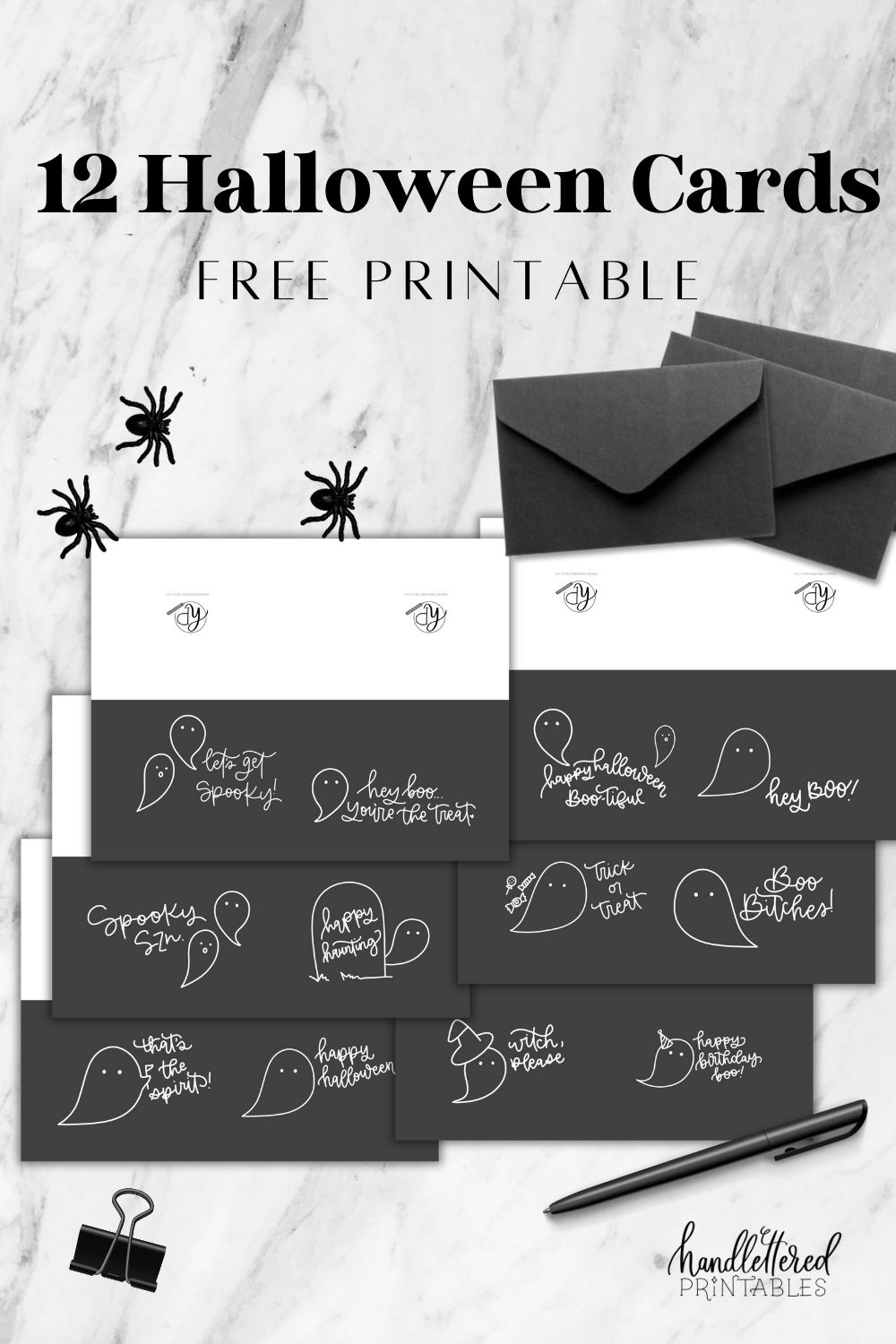 Free Printable halloween cards with line art ghosts and hand lettered happy halloween greetings