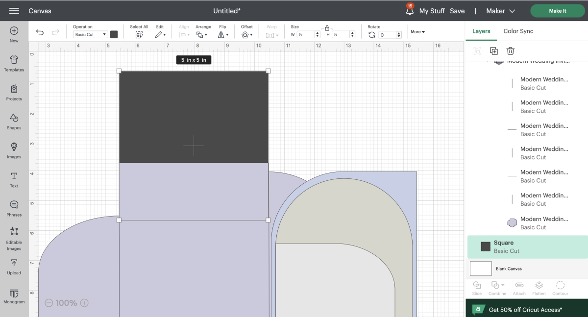 how to quickly size a multi part invitation in Cricut Design Space so it will fit a standard 5x7 envelope