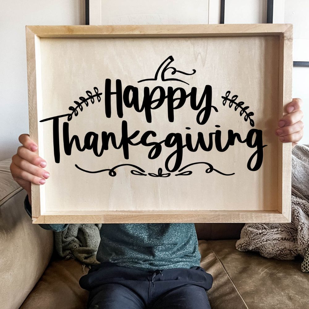 Happy Thanksgiving hand lettered pumpkin design iron on vinyl on wood sign