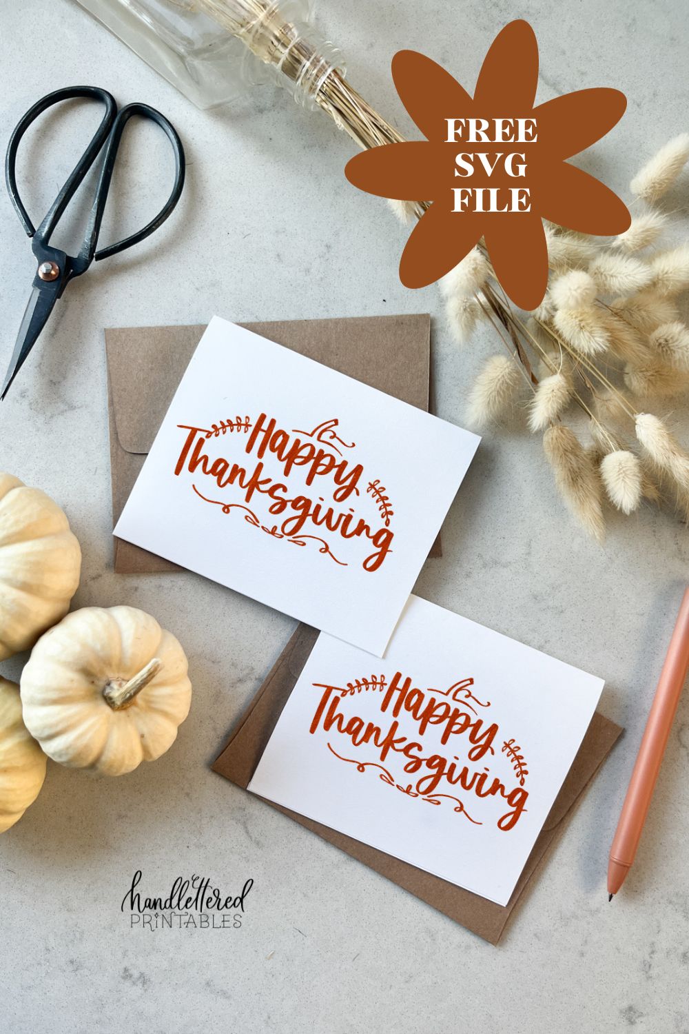 Happy Thanksgiving free cut file for cricut crafting (shown on cards with orange cardstock overlay)