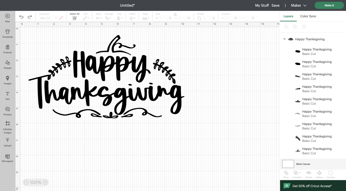 happy thanksgiving SVG file uploaded to cricut design space
