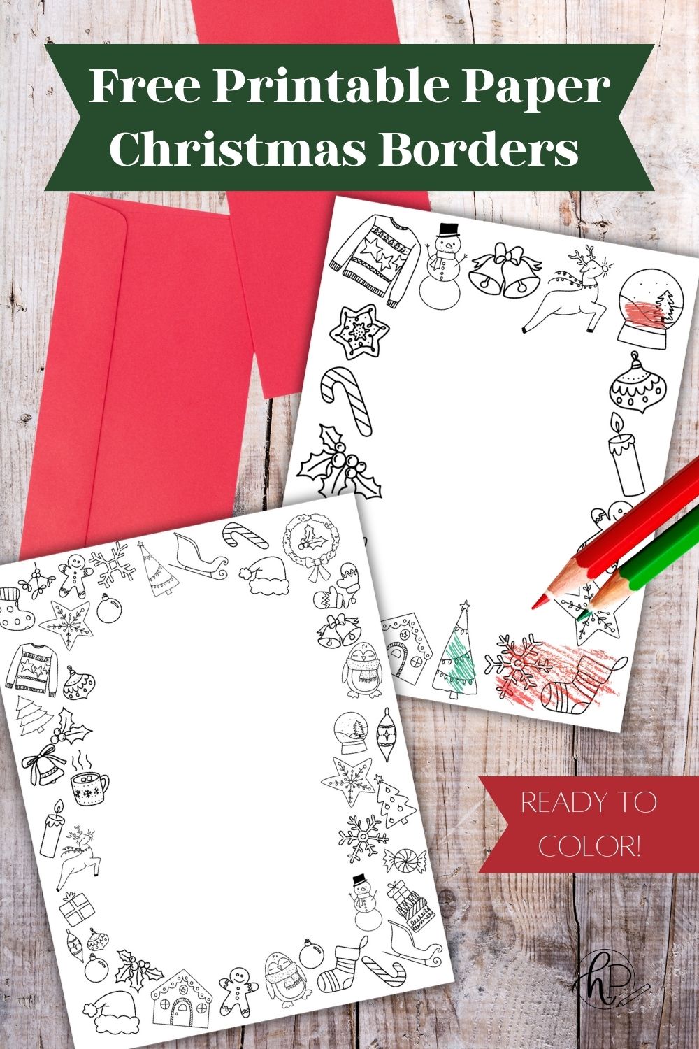 Christmas border paper printables for your holiday stationery perfect for coloring- image shows kids have been coloring with pencil crayons on papers