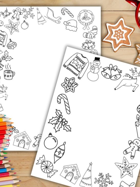 Christmas border paper printables for your holiday stationery on wood table with pencil crayons