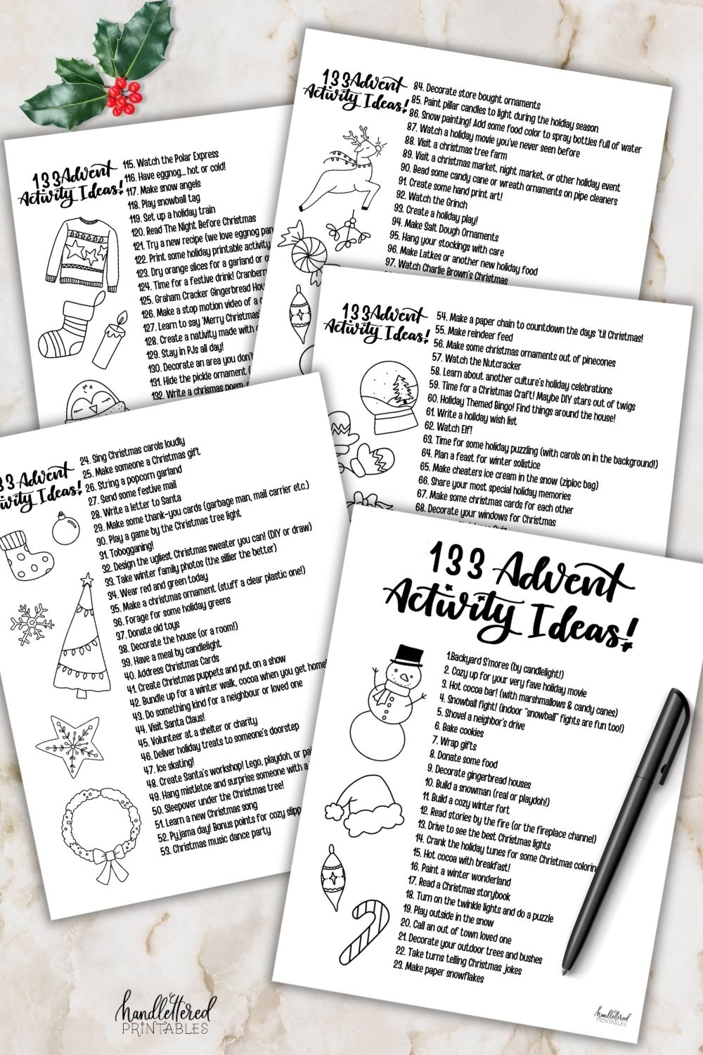 Christmas advent activity calendar list of ideas- image shows 5 page list printed on countertop with pen and holly