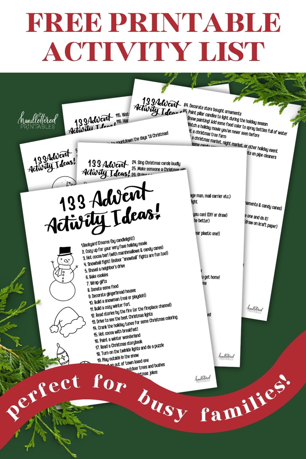 Free printable activity list for advent calendars, image of printables printed on green background