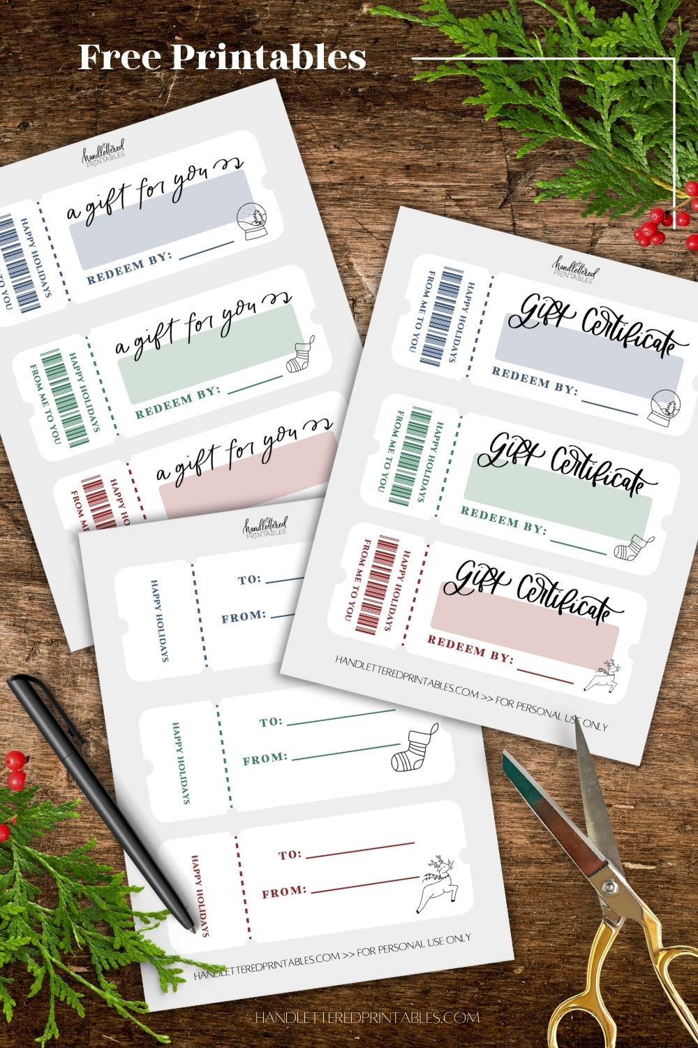 free printable christmas GC template, image shows three pages printed off with text that reads free printable