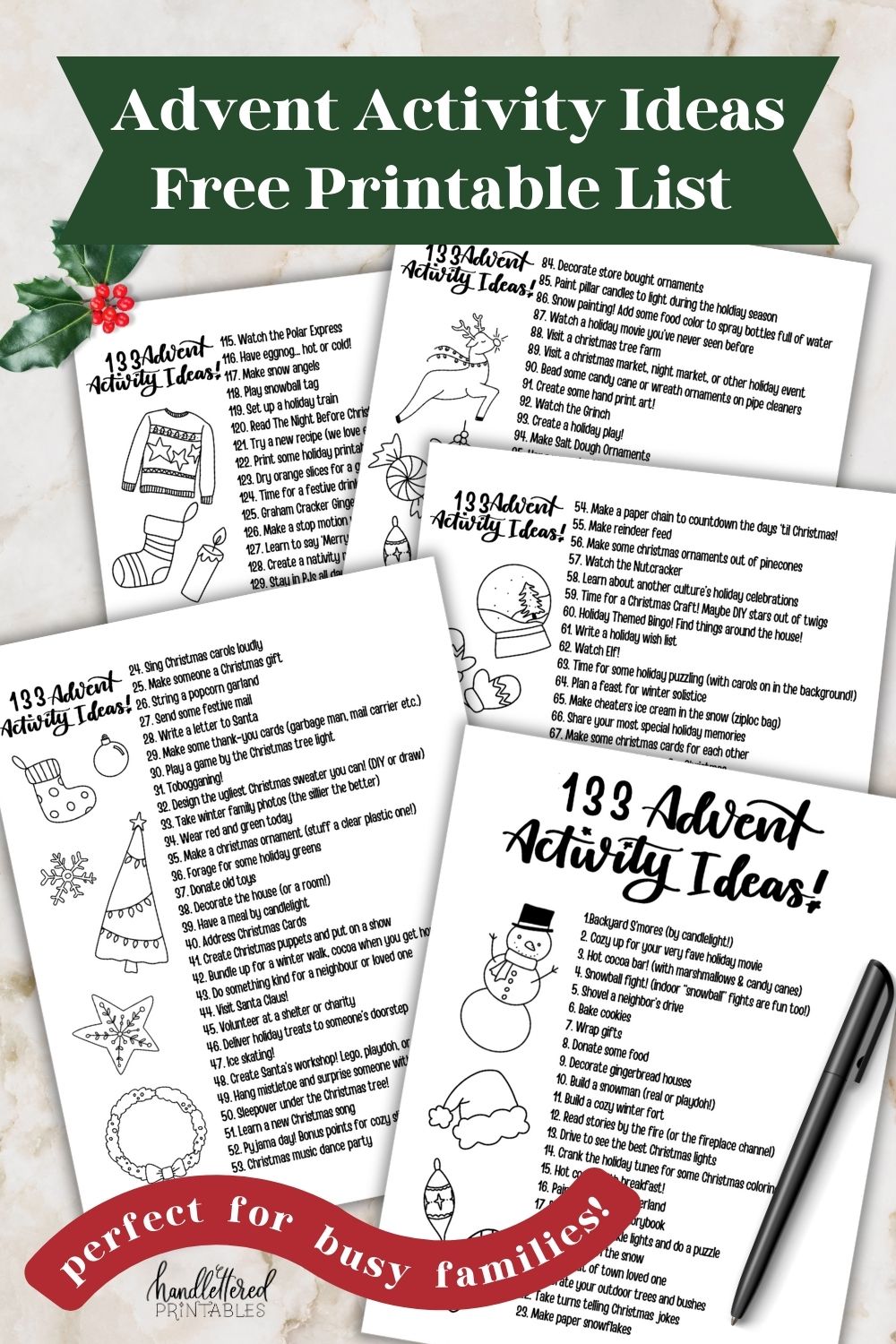Advent activity ideas free printable list, image of the printables on countertop with pen