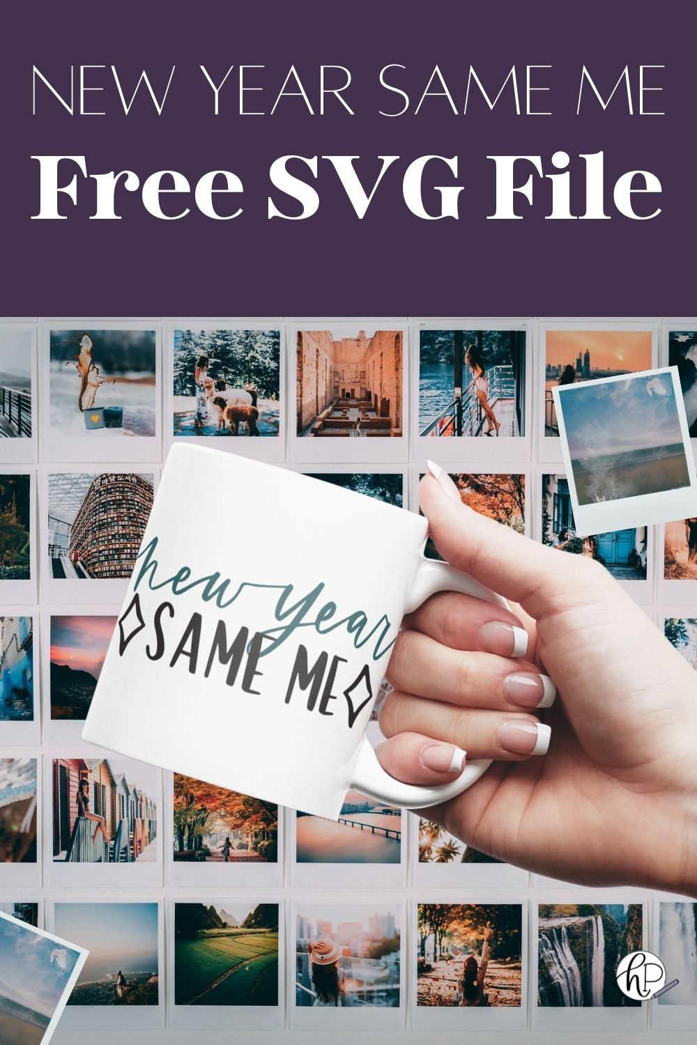New year, same me... free svg file on mug in front of photo vision board
