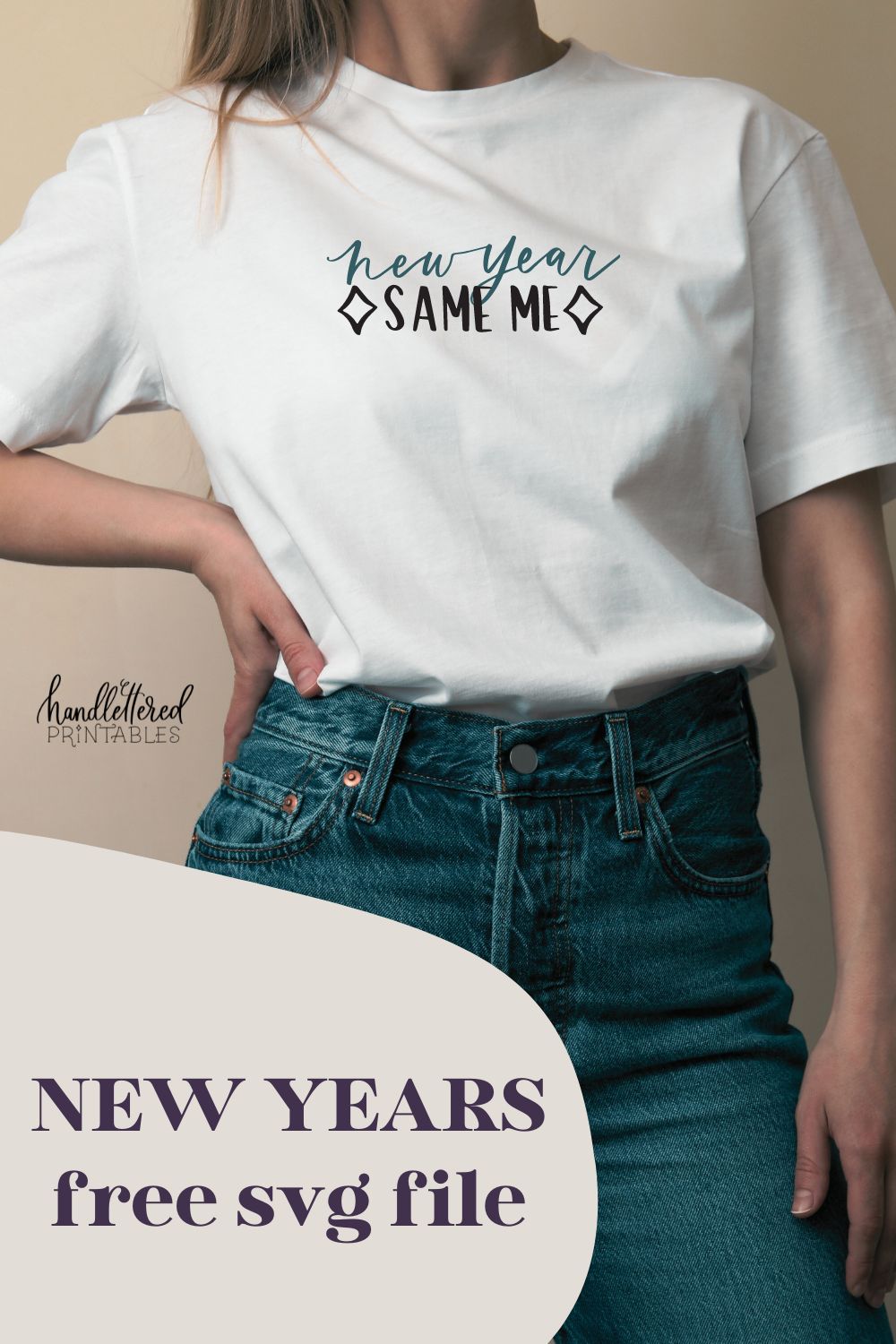 text: new year same me free svg file image of svg design on white t-shirt being modelled by woman in jeans