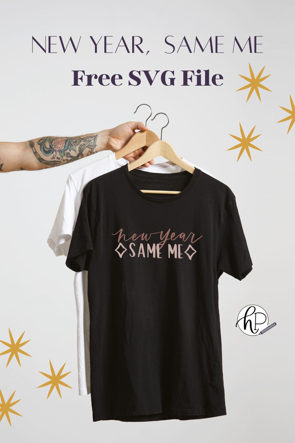 text: new year same me free svg file image of svg design on black t-shirt being held by hand on hanger with stars in background