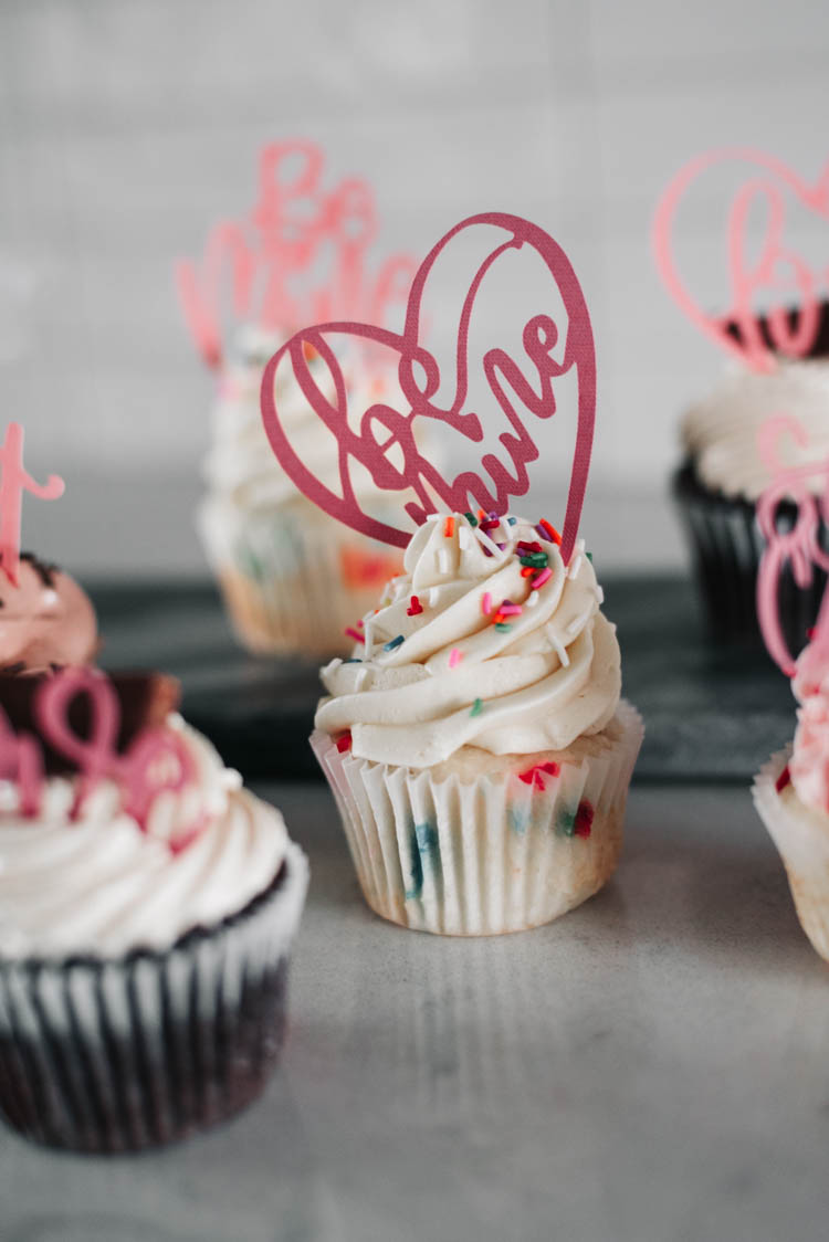 Be Mine heart SVG file shown as a cupcake topper for valentines day