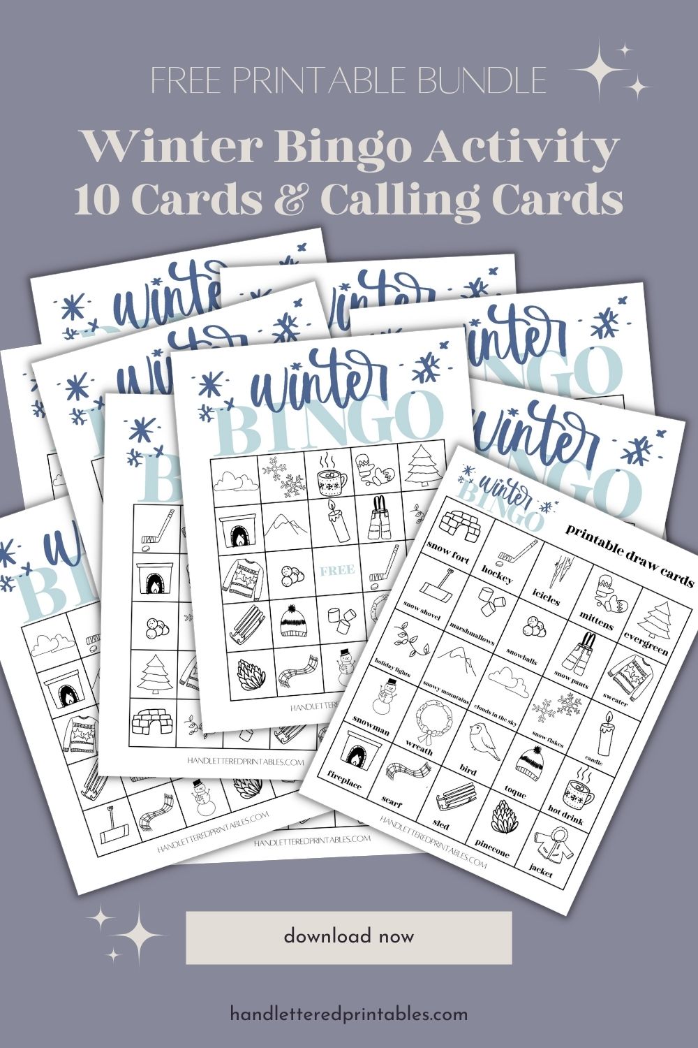 Text over reads free printable bundle: winter bingo activity 10 cards & calling cards. mockup of printable bingo cards stacked on purple background