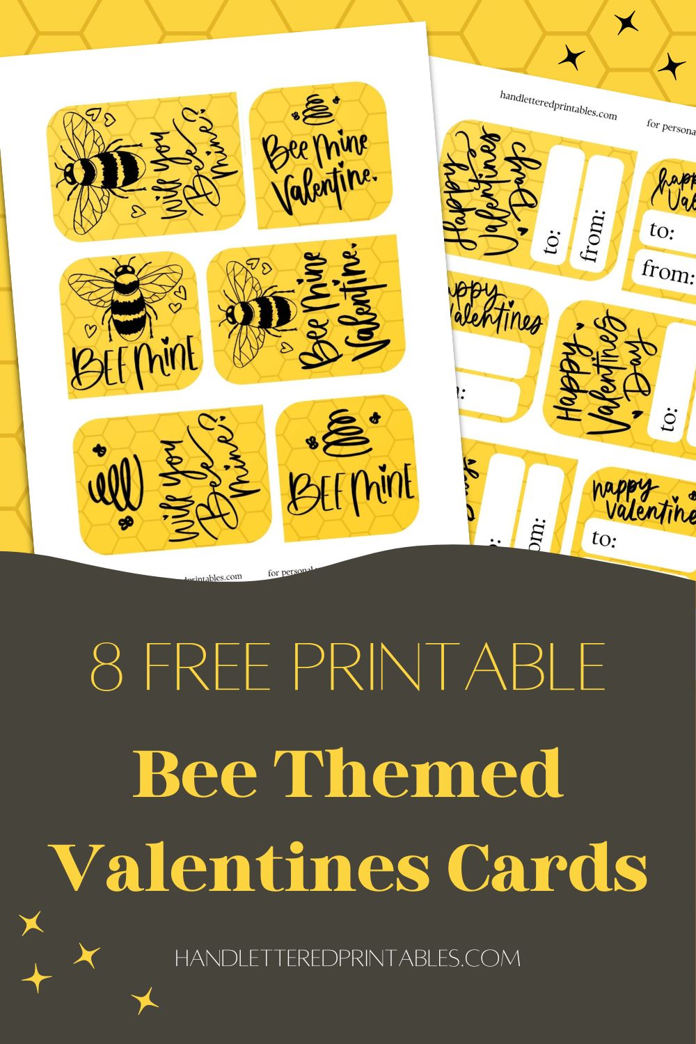 image of printed bee themed valentines cards on yellow background. valentines cards read: bee mine, will you bee mine, and bee mine valentine with illustrations of a bee and of a line art bee hive text overlay reads 8 free printable bee themed valentines cards